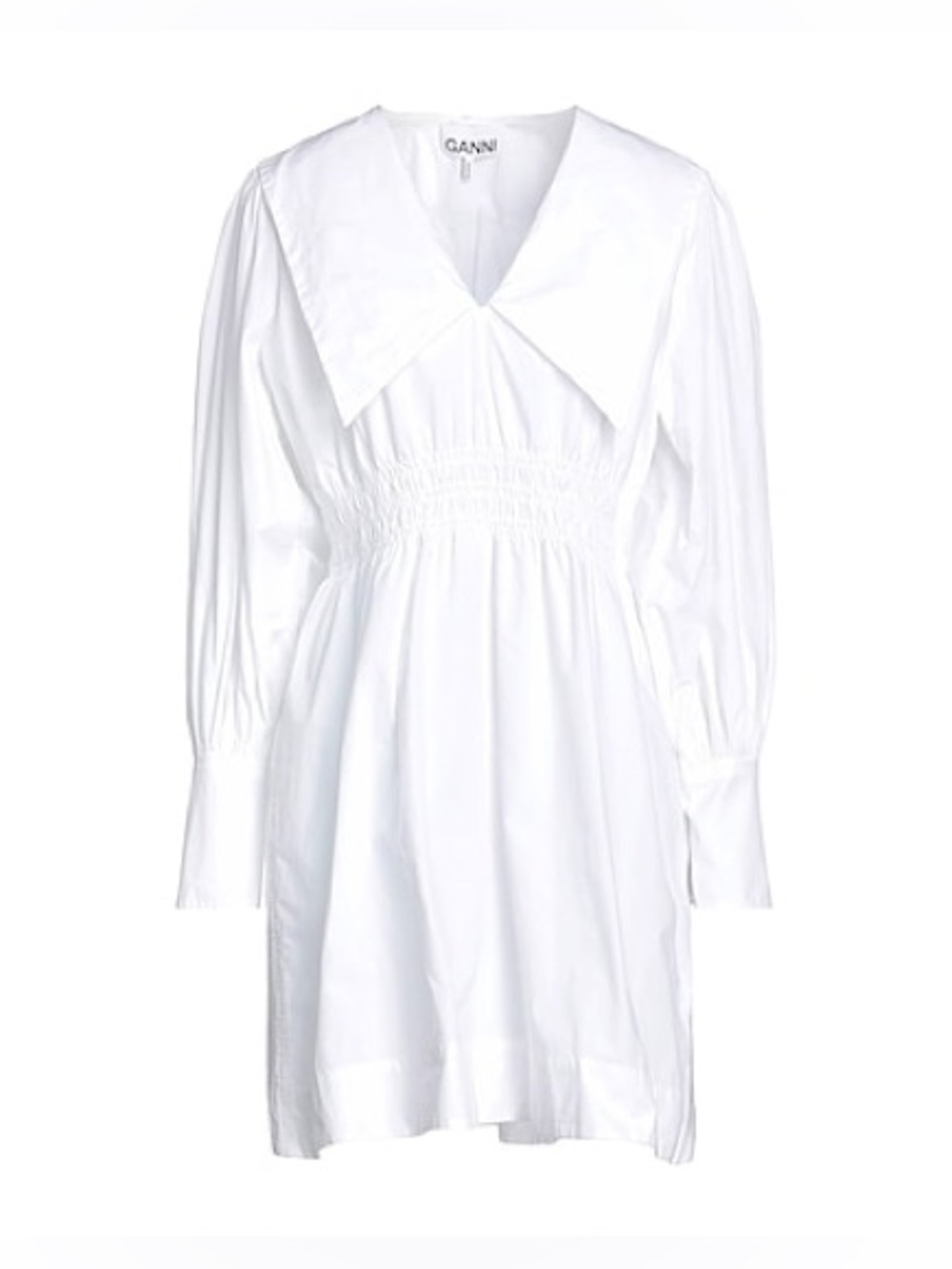 GANNI Puff-Sleeve Poplin Collar Mini Dress in Bright White size 44 / 14